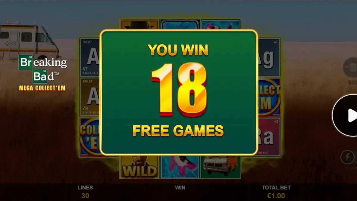 Tampilan visual slot Breaking Bad Mega Collect’Em dengan elemen ikonik serial.