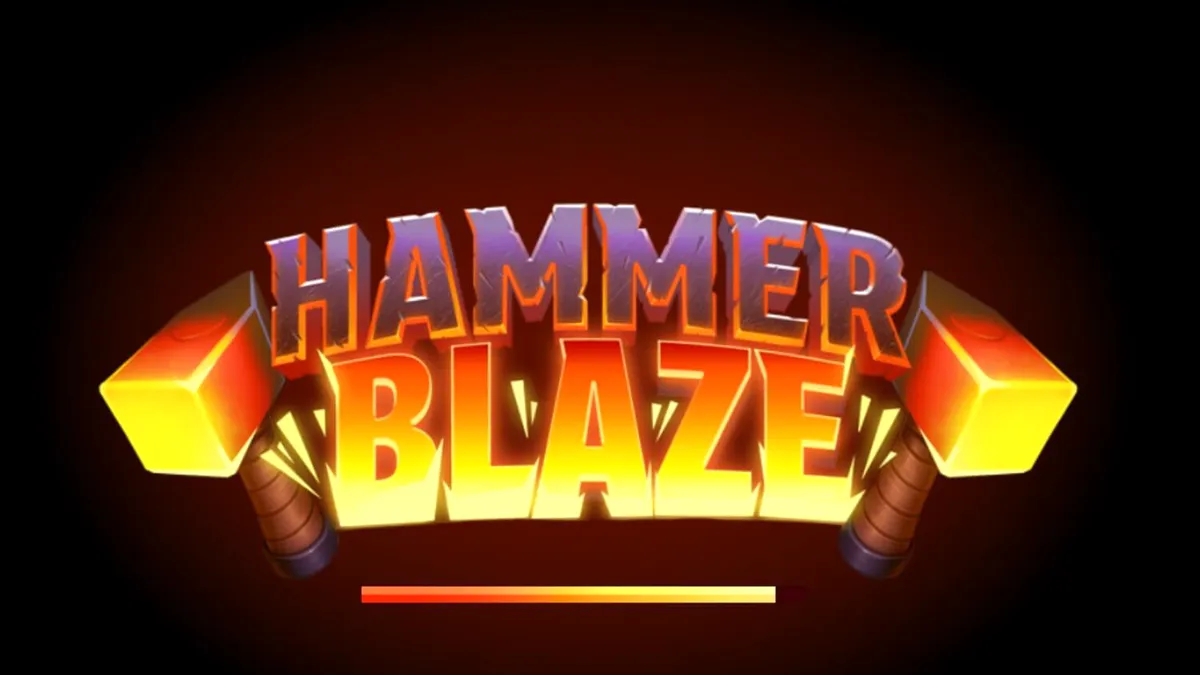 Tampilan visual slot Hammerblaze dengan latar belakang gunung berapi dan grid 7x7 yang membara.
