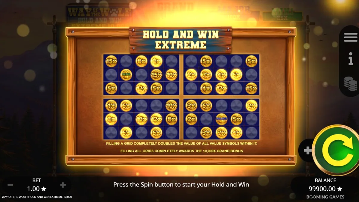 Way of the Wolf Hold and Win Extreme 10,000 slot machine interface featuring wolf theme